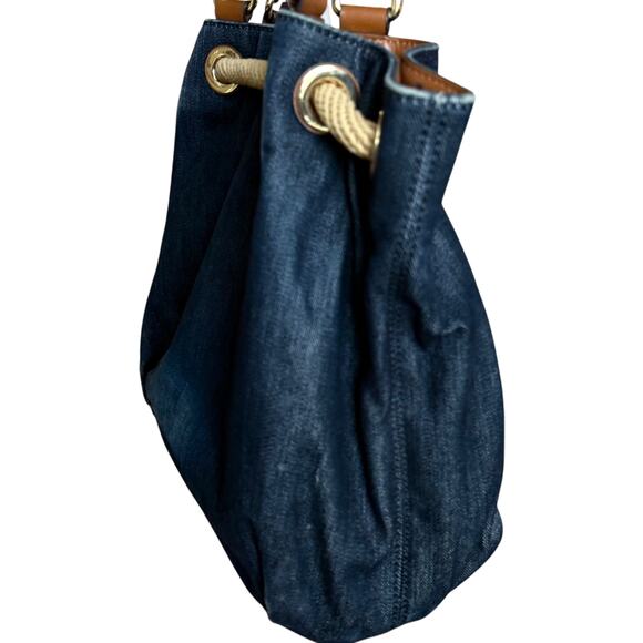 MICHAEL KORS Marina Large Drawstring Tote Bag in Navy Denim and Brown Leather - Picture 3 of 8